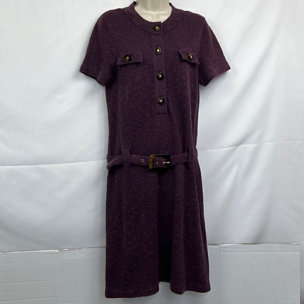Tory Burch cotton linen button front purple belted sweater dress size medium EUC